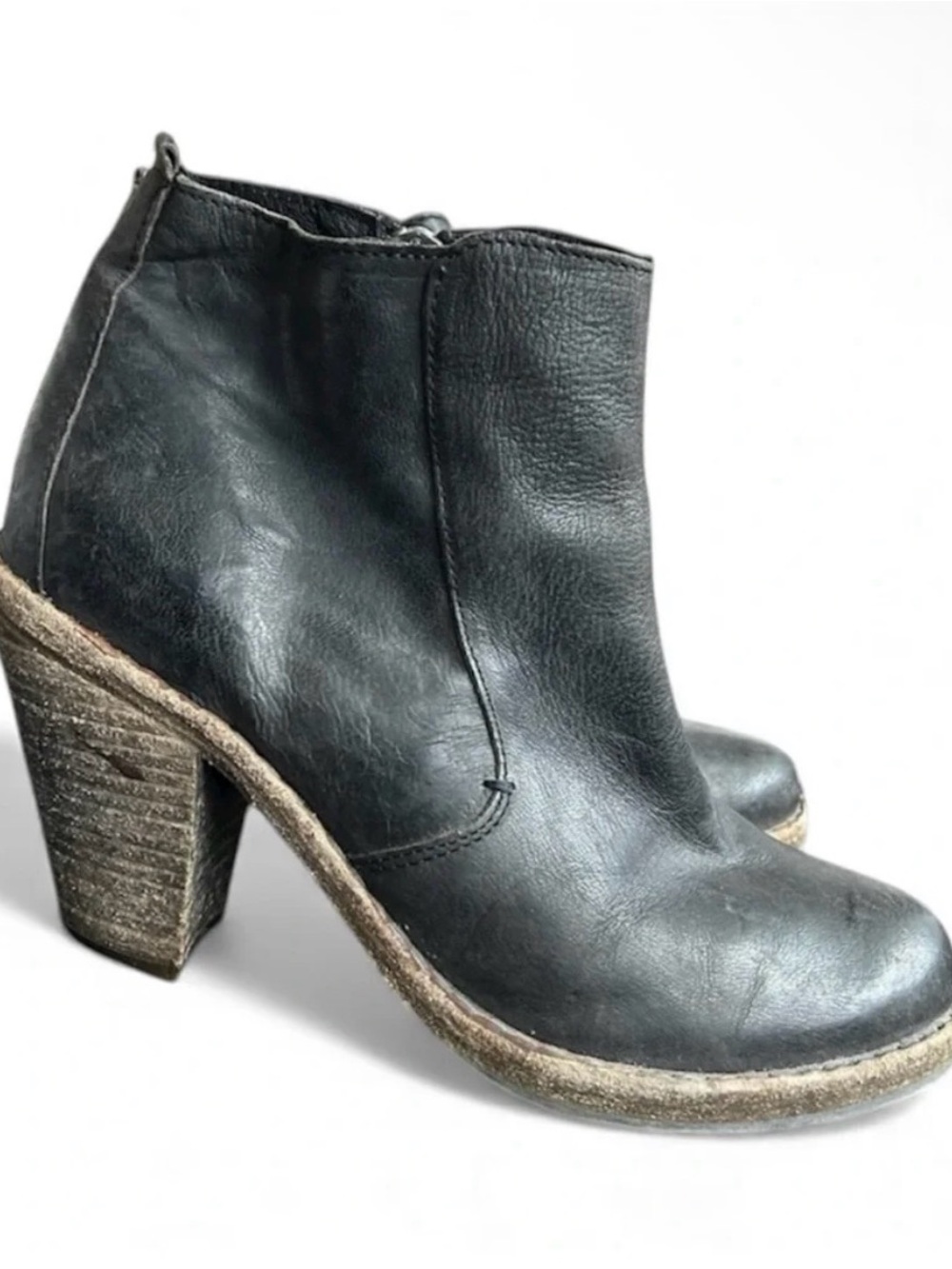 AllSaints Distressed Black Leather Heeled Booties With 3” Block Heel 37